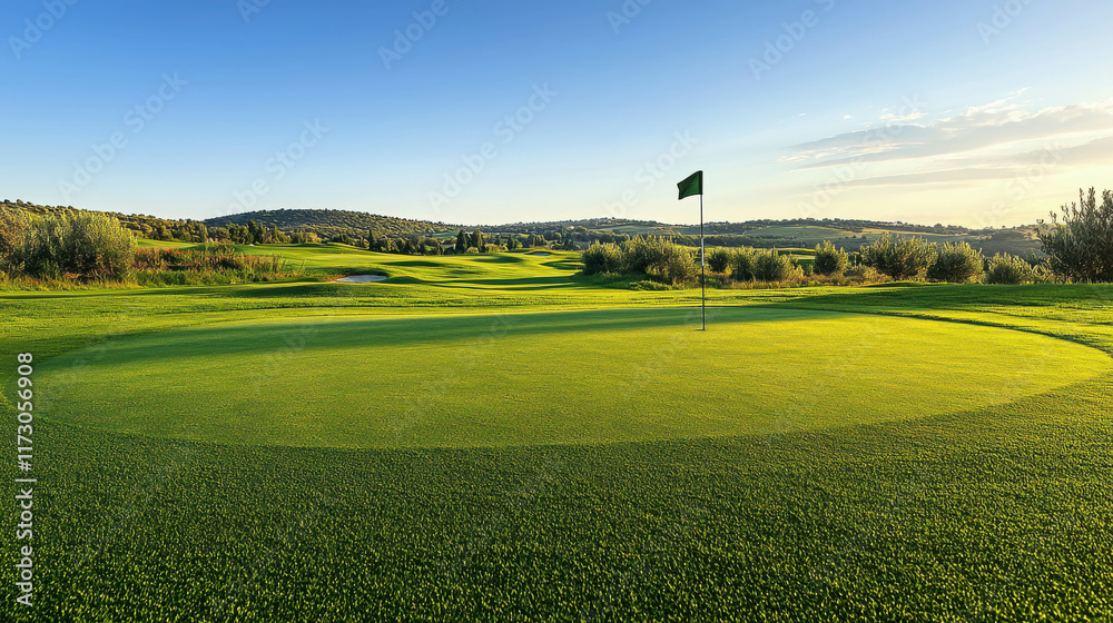 Set of Golf Clubs on Perfectly Maintained Course Under Clear Blue Sky Set of Golf Clubs on Perfectly Maintained Course Under Clear Blue Sky