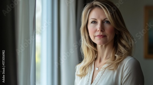 Free Download A professional woman with a focused look, standing near a window with soft natural lighting streaming in, reflecting determination - GFXLoad