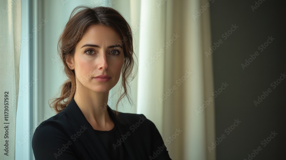 A professional woman with a focused look, standing near a window with soft natural lighting streaming in, reflecting determination A professional woman with a focused look, standing near a window with soft natural lighting streaming in, reflecting determination