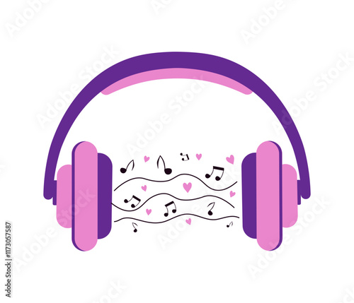 Headphones with notes, hearts. Valentine's Day, love. Musical notes, headset with a song, music sounds flying out of headphones. Illustration on a white background. photo