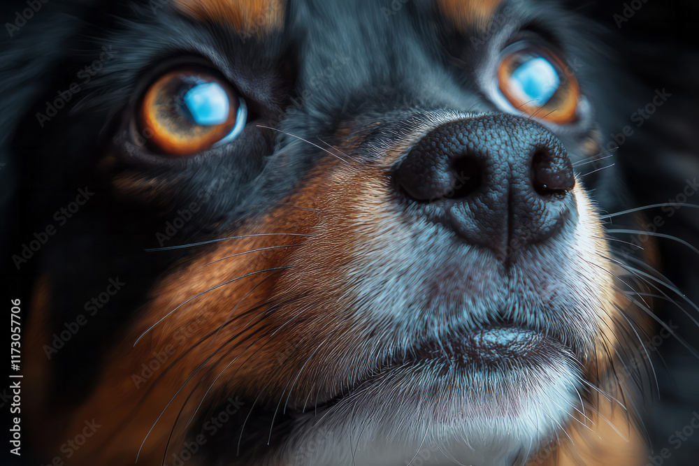 Soft close-up of a dog gazing upward with curious eyes, the reflection capturing a warm home interior, Soft close-up of a dog gazing upward with curious eyes, the reflection capturing a warm home interior,