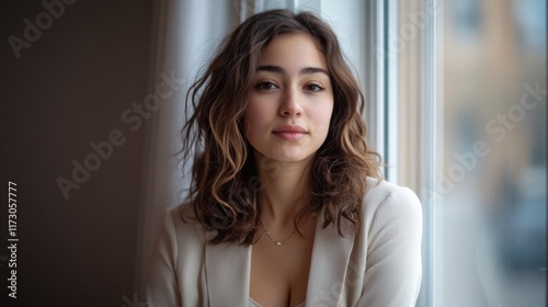 Free Download A professional woman with a focused look, standing near a window with soft natural lighting streaming in, reflecting determination - GFXLoad