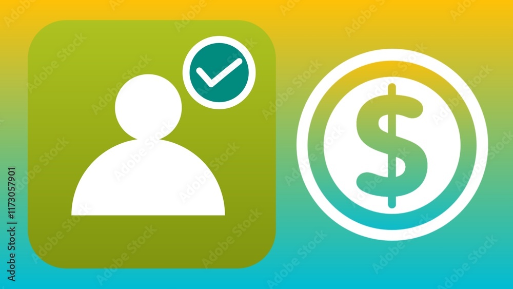 Personal positve profile finance concept with avatar, dollar sign coin and check mark all on a gradient background Personal positve profile finance concept with avatar, dollar sign coin and check mark all on a gradient background