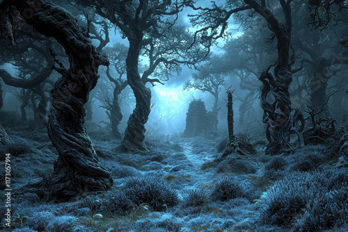 Gnarled trees in misty, moonlit forest path, ruins in background, fantasy setting photo