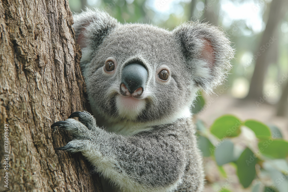 Fototapeta premium Eye-level shot of a koala clinging to a eucalyptus trunk, looking directly at the camera with mild curiosity,
