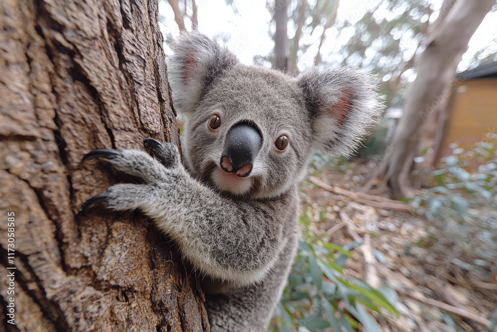 Fototapeta premium Eye-level shot of a koala clinging to a eucalyptus trunk, looking directly at the camera with mild curiosity,