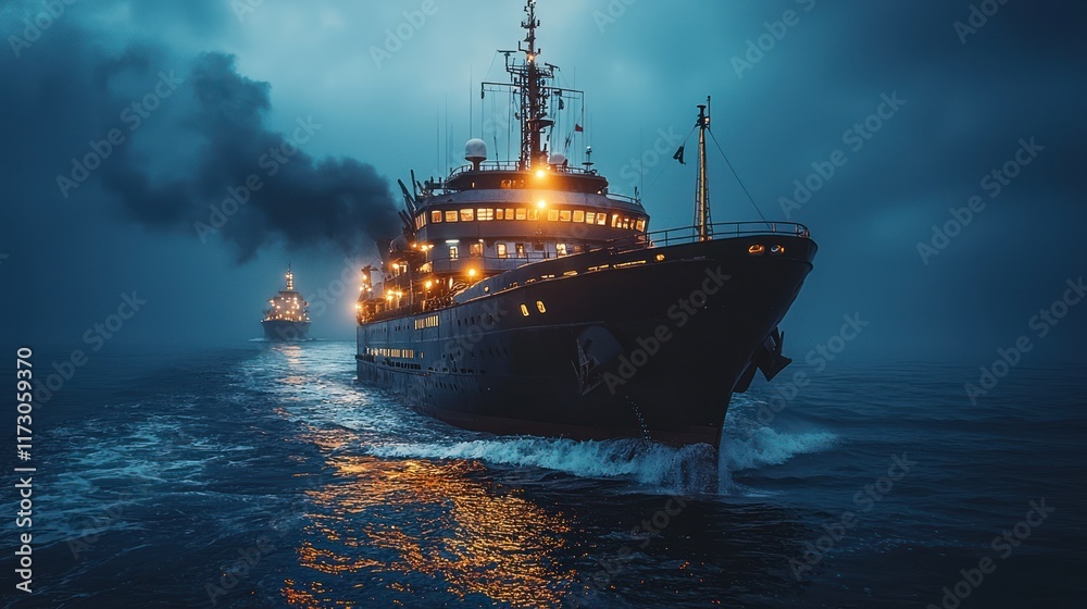 Fototapeta premium Ships navigating through misty waters at night.