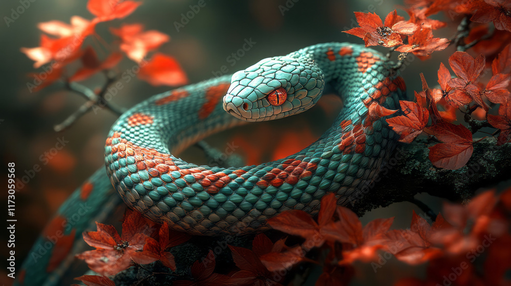 Fototapeta premium Sinuous snake coiled around a tree branch, head raised to follow the path of a drifting leaf,