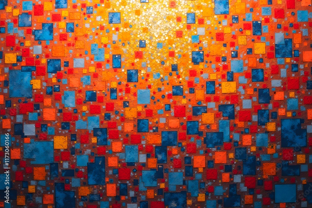 Fototapeta premium A mosaic of irregular shapes in vibrant, contrasting colors like red, blue, and yellow.