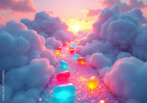 Colorful jewel pathway leads through dreamy clouds at sunset sky photo