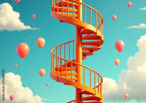 Bright orange spiral staircase leading to a blue sky filled with colorful balloons photo