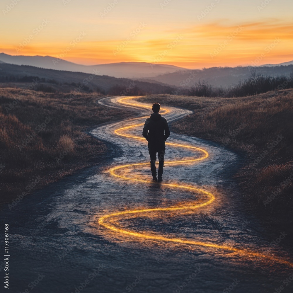 Silhouetted Figure Standing Confidently at a Crossroad Serene Landscape Inspirational Scene Sunset Ambiance Adventure Concept Silhouetted Figure Standing Confidently at a Crossroad Serene Landscape Inspirational Scene Sunset Ambiance Adventure Concept