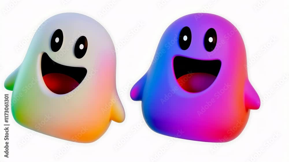 Colorful Cute Ghost Featuring Happy and Cheerful Faces Expression. Bright Playful Ghosts are Perfect for Creating Fun and Whimsical Design Concepts. Smiling Friendly Halloween Characters. 3d cartoon.