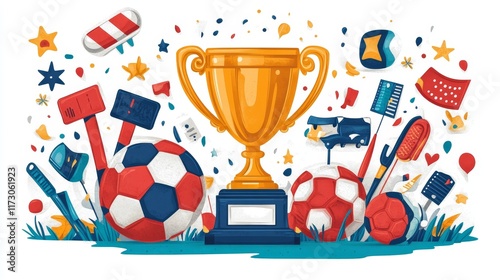 Golden Trophy Illustration with Soccer Items in a Colorful Flat Design Style