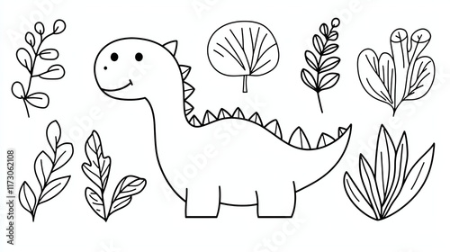 Fototapeta Naklejka Na Ścianę i Meble -  Cute cartoon dinosaur with plants.