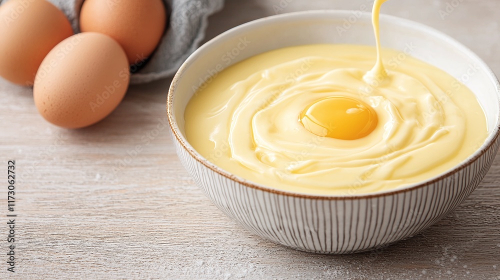 Creamy custard being poured into a bowl with a yolk in the center, next to eggs. Creamy custard being poured into a bowl with a yolk in the center, next to eggs.