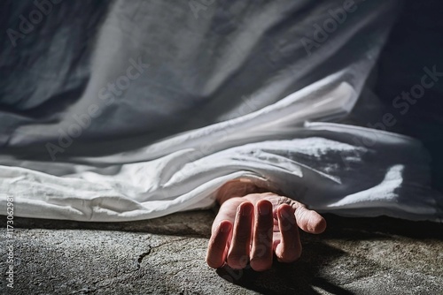 Hand of dead body covered by white sheet,horror and crime scene.