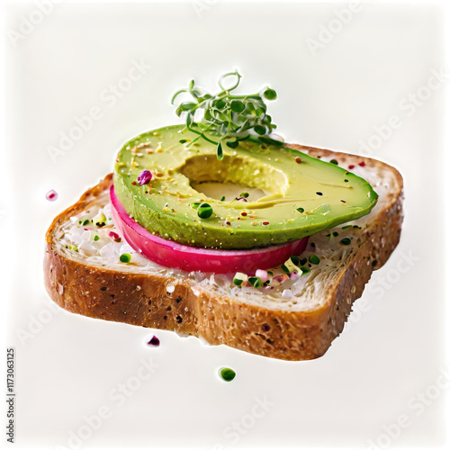 Vibrant Avocado Toast with Radish and Microgreens on Transparent Background (PNG)