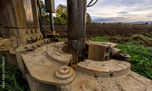 Drilling a soil probe with a drilling rig for geological research of the subsoil photo