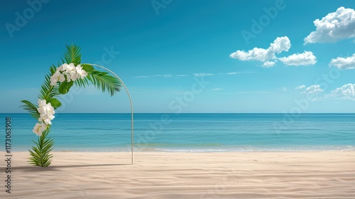 Tropical wedding arch with palm leaves and white orchids on a beach