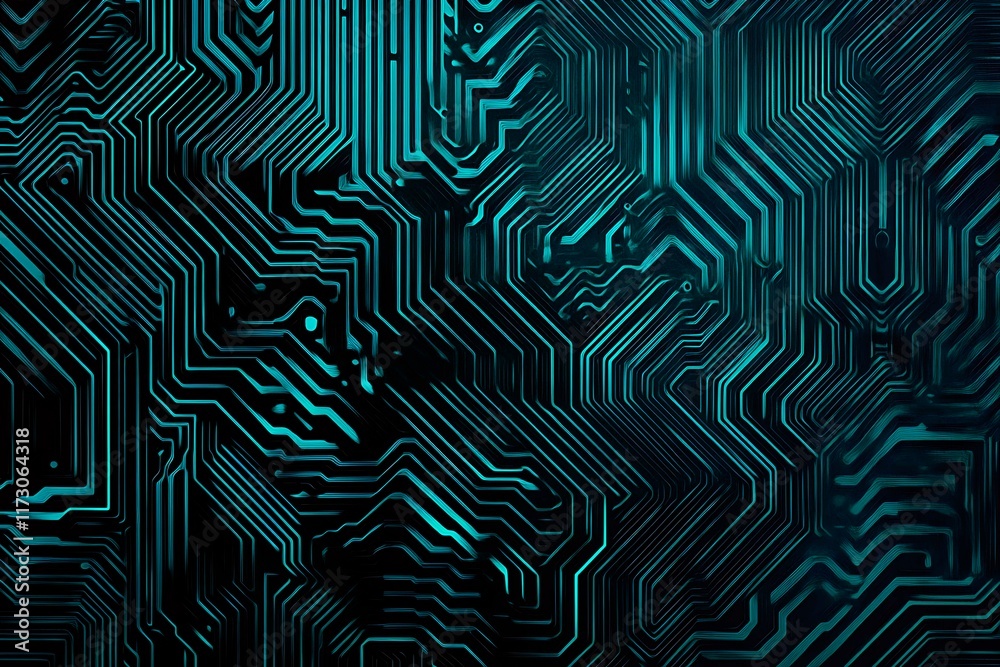 Obraz premium Abstract close-up of a glowing blue digital circuit board, showcasing intricate connections and technological design on a black background. 