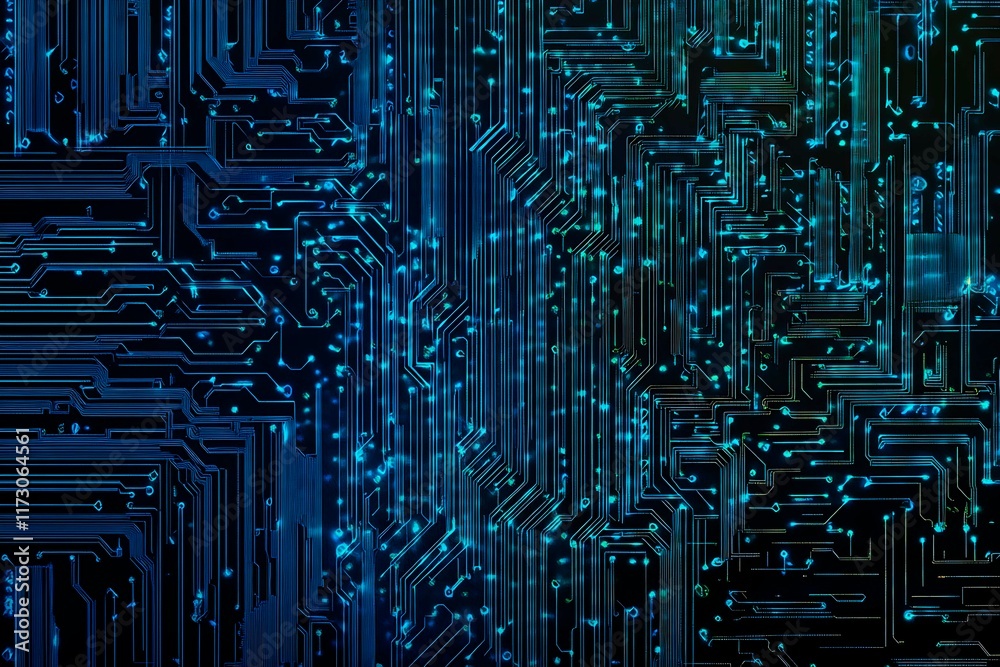 Abstract close-up of a glowing blue digital circuit board, showcasing intricate connections and technological design on a black background.
