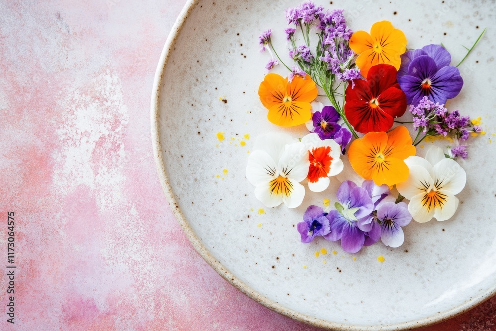 Colorful pansies arranged on a rustic plate Colorful pansies arranged on a rustic plate