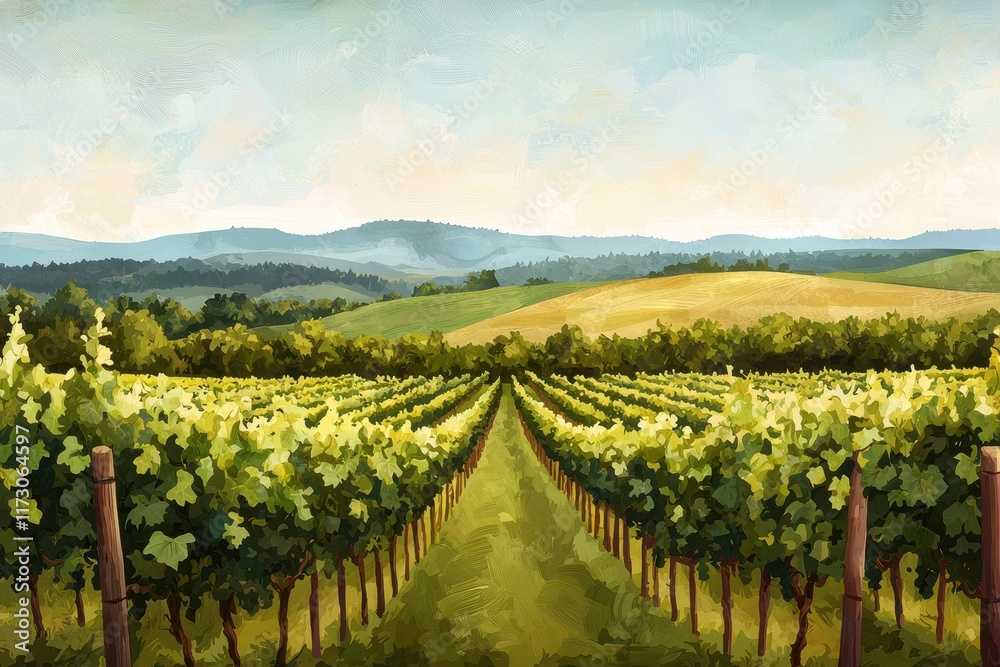 Naklejka premium Serene Vineyard Landscape Rolling Hills Lush Grapevines Sunny Day