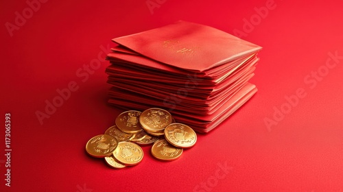 A traditional red packet paired with golden coins and lucky charms, arranged neatly on a vibrant red background photo