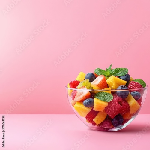 Vibrant fruit salad in a clear glass bowl, pastel pink background