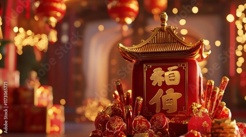 Wallpaper Mural A traditional red packet scene with a rich red and gold theme, golden Chinese characters, and firecracker decorations Torontodigital.ca