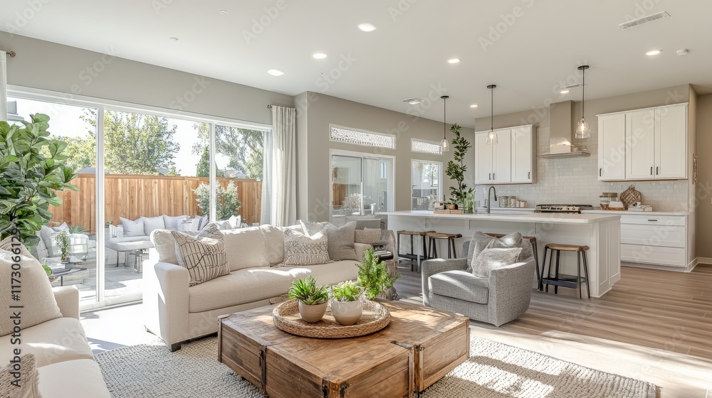 Modern home interior showcasing a seamless flow between a stylish kitchen and an inviting living room with neutral decor and sunlight. Modern home interior showcasing a seamless flow between a stylish kitchen and an inviting living room with neutral decor and sunlight.