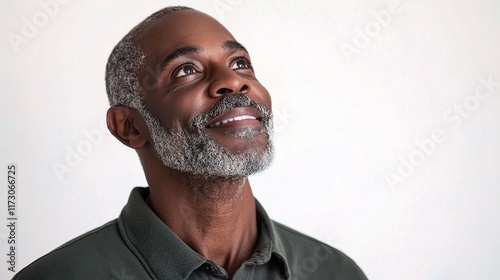 Smiling African American Man Looking Up Isolated on White Background