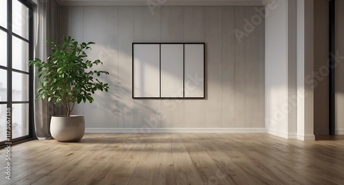 An empty living room after renovations, featuring freshly painted white walls, protective plastic on the floor, a step ladder, and large windows allowing natural light to flood the