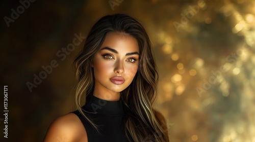 A confident young woman with warm, honey-toned skin and striking amber eyes. Her long, dark brown hair is styled in a sleek ponytail with a single strand framing her face.   photo