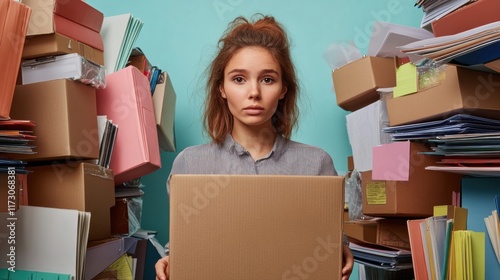 A woman standing with a cardboard box in her hands, surrounded by moving supplies and stacks of office files photo