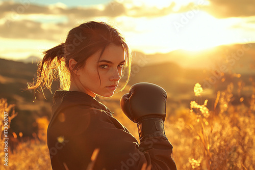 Focused athlete in action: Boxer training outdoors at golden hour