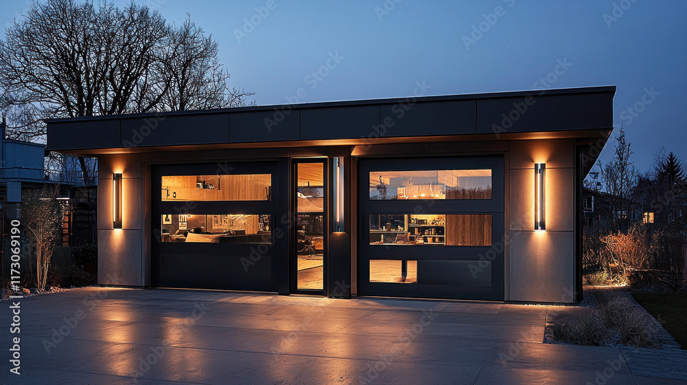 Modern garage, lit driveway, dusk, suburban home, interior view Modern garage, lit driveway, dusk, suburban home, interior view