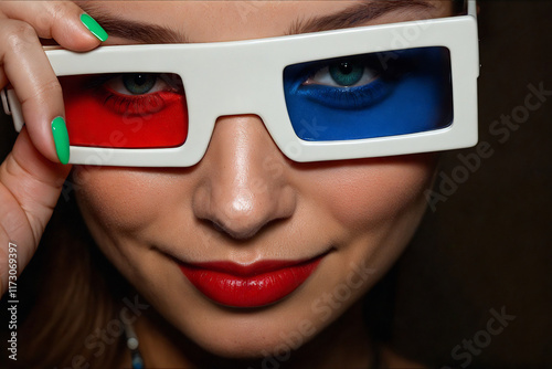 Portrait of a girl with menthol manicure in stereo glasses
