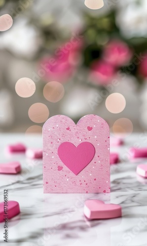 Pink greeting card with heart shape standing on marble table. MZ