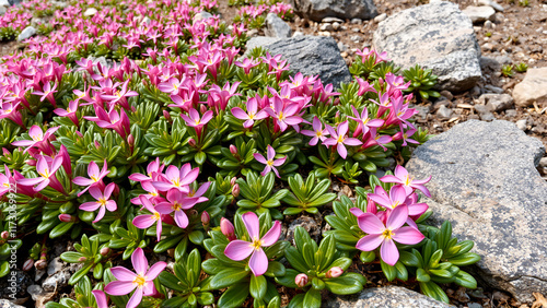 A blanket of pinkish Alpine azalea, Kalmia procumbens flowering on a rocky ground in Urho Kekkonen National Park, Northern Finland photo