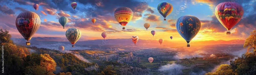 Naklejka premium Colorful hot air balloons soaring over scenic landscape at sunrise – a breathtaking aerial adventure experience