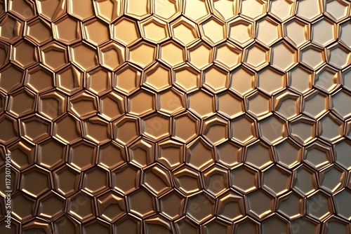 A seamless pattern of overlapping hexagons in metallic shades.