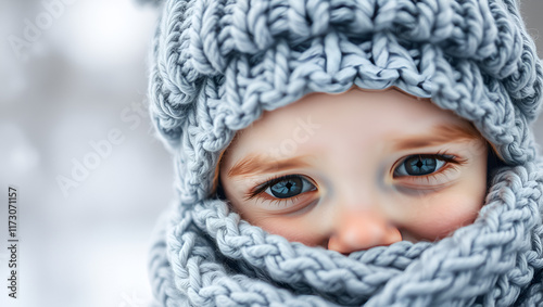 Close-up of a child warmly dressed in a knitted gray bobble hat and scarf, highlighting the detailed texture of winter wear against a blurred background, indicating a cold winter day. photo