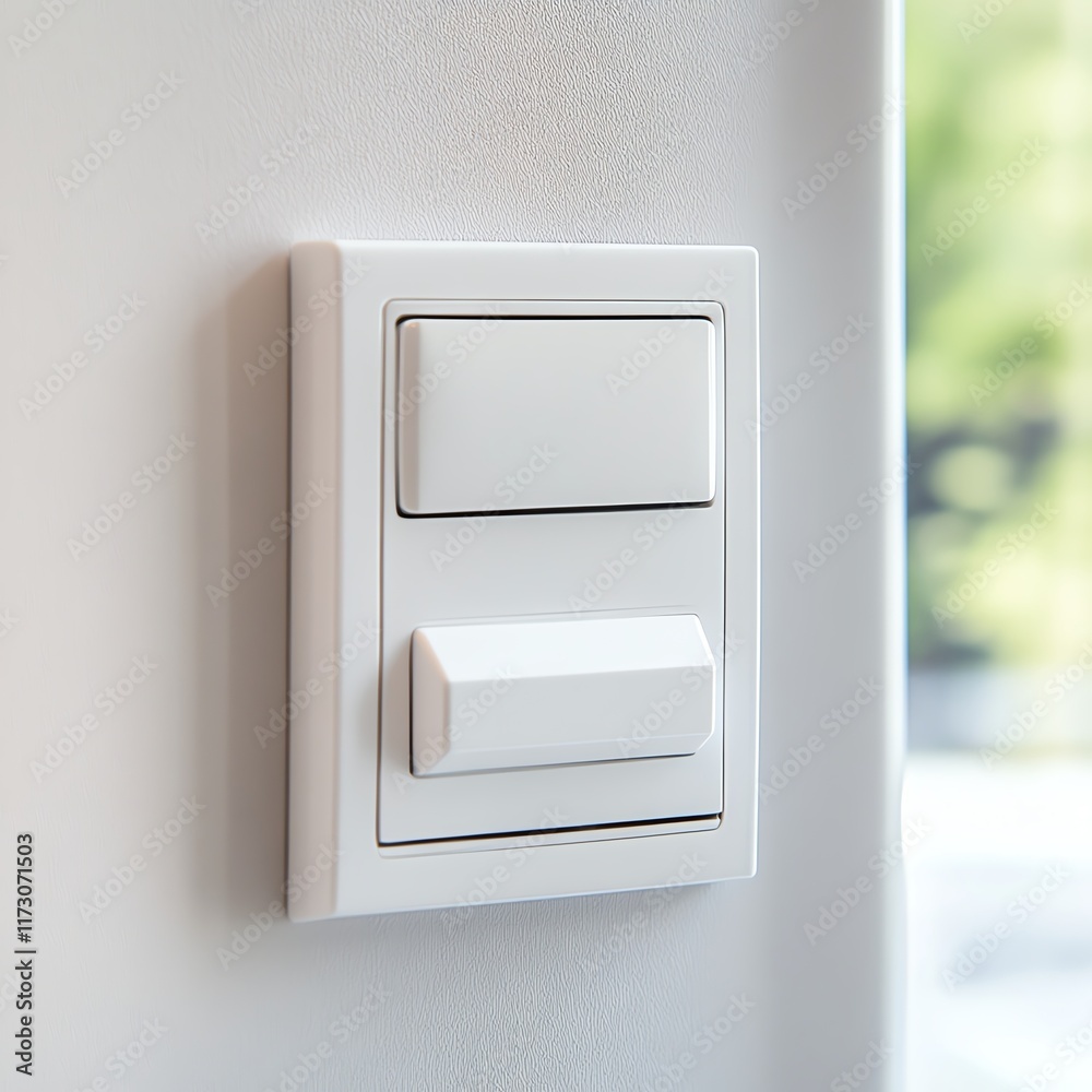 Modern light switch with two buttons on a wall in a bright interior. Modern light switch with two buttons on a wall in a bright interior.