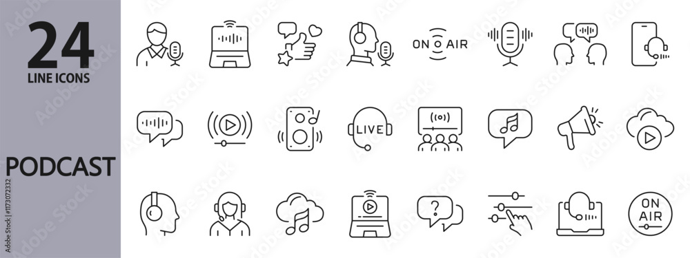 Podcast line icons set with Audio, Microphone, Live, Streaming, Voice, Podcaster, Broadcasting, Sound and more. Editable Stroke Podcast line icons set with Audio, Microphone, Live, Streaming, Voice, Podcaster, Broadcasting, Sound and more. Editable Stroke