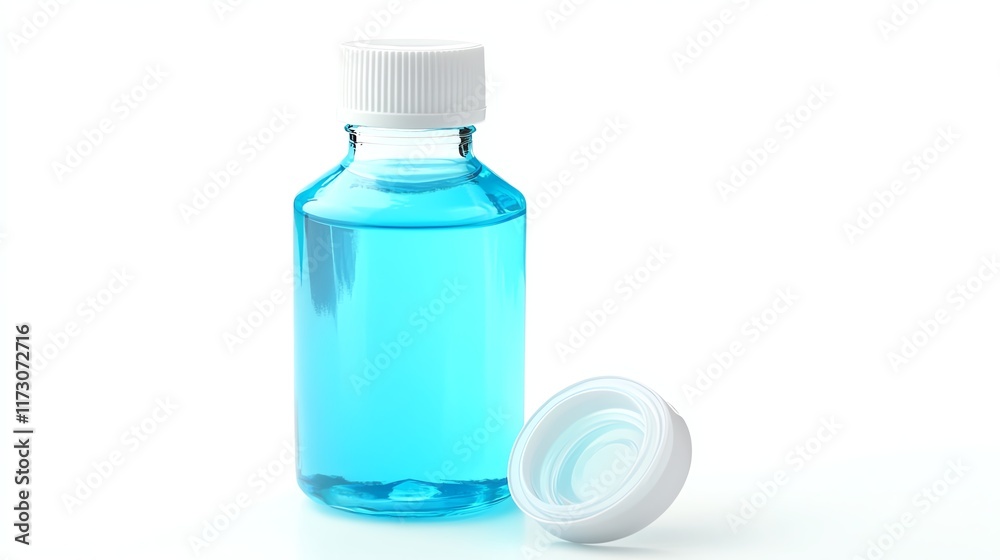 Blue liquid in a plastic bottle with a white cap, isolated on white background. Blue liquid in a plastic bottle with a white cap, isolated on white background.