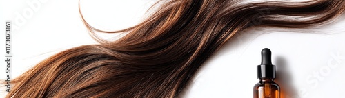 Hair serum dropper bottle with flowing brown hair, white isolate background.