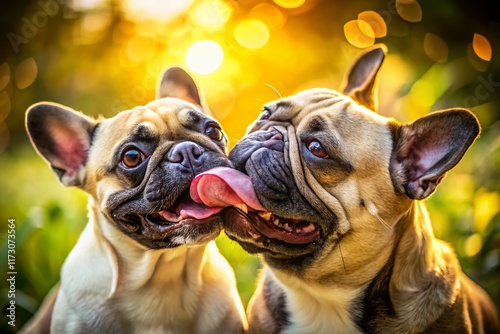 Adorable French Bulldog and Pug Puppies Licking Faces, Tilt-Shift Miniature Photography photo