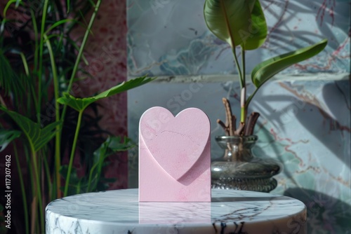 Pink greeting card with heart shape standing on marble table. MZ